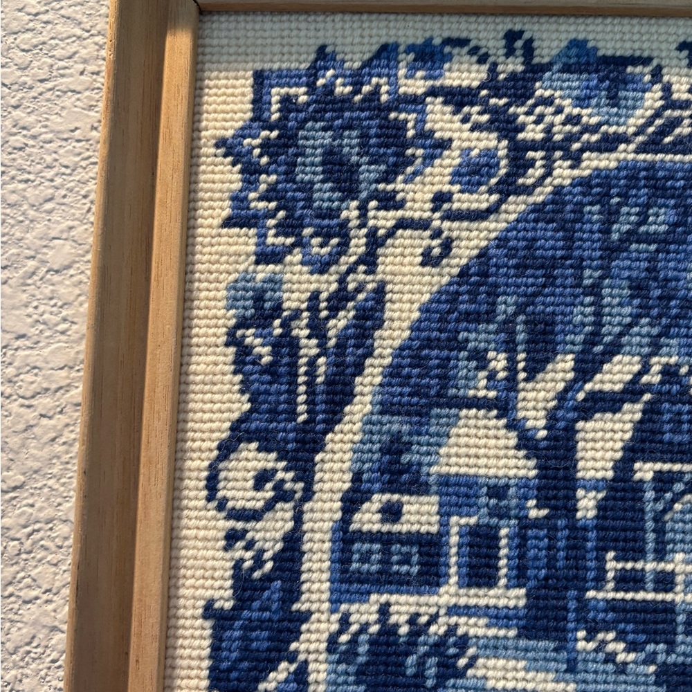 Vintage Blue Cross-Stitch Scenic Winter Art in Wooden Frame - Picture 7 of 16